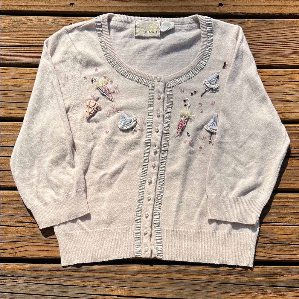 Parasol Embellished Pale Pink 3/4 Sleeve Mixed Fabric Cardigan